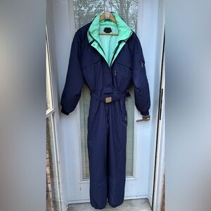 Vintage Killy One Piece Ski Snowsuit Size 10 in Navy & Aqua Pockets Hidden Hood
